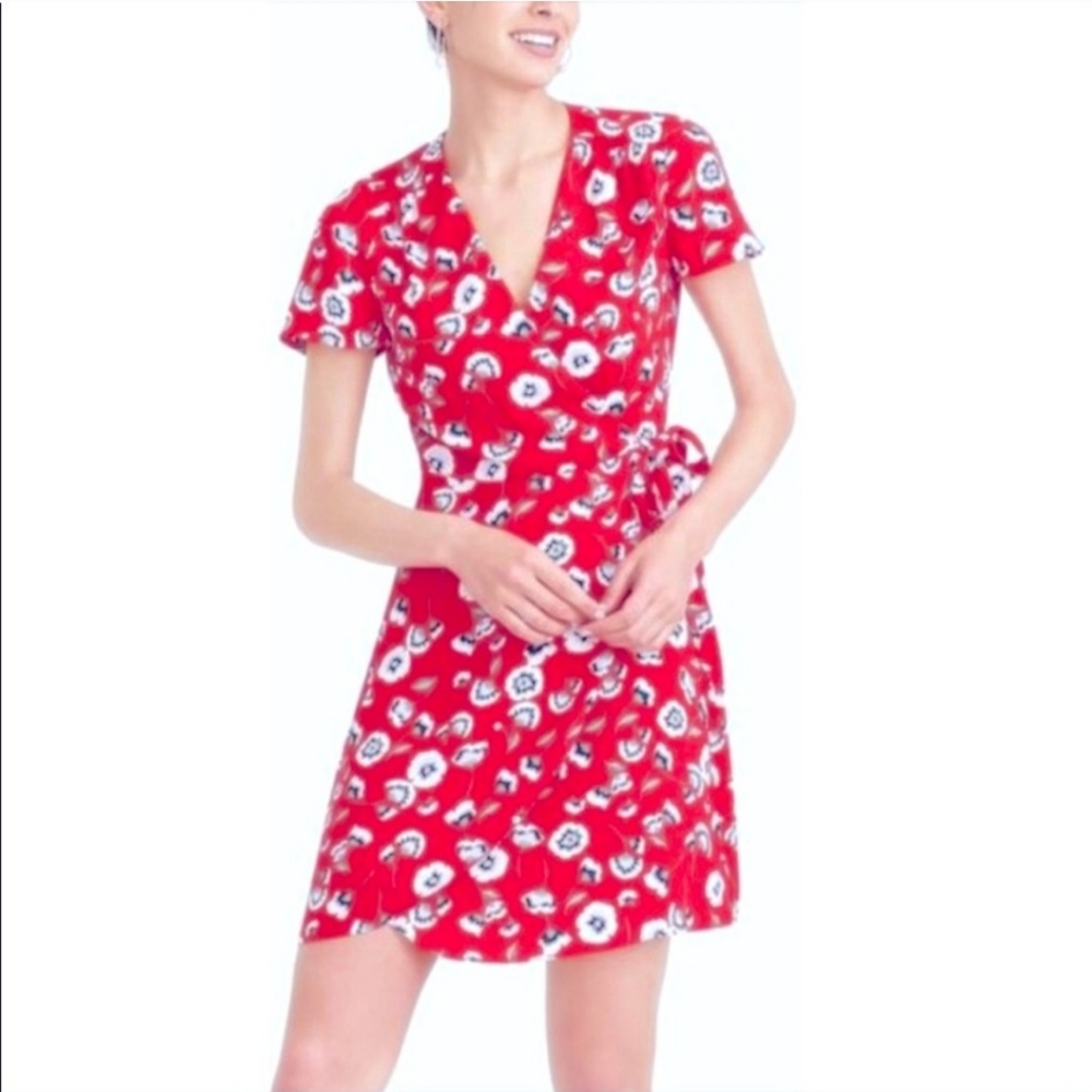 J. Crew Dress 8 Wrap Day Red‎ Floral Poppy Print Short Sleeve Tie Belted Boho